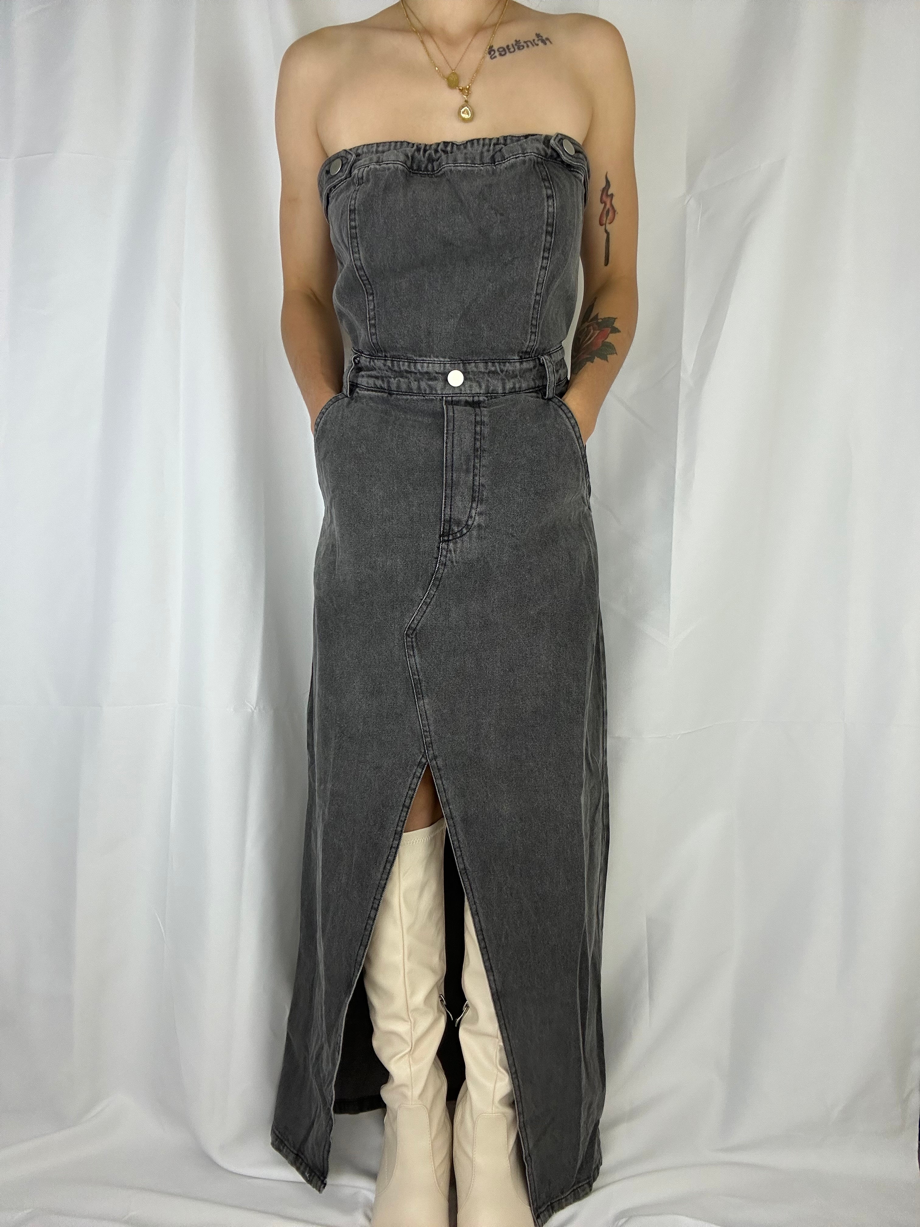 Front Slit Denim Maxi Dress - Alletse