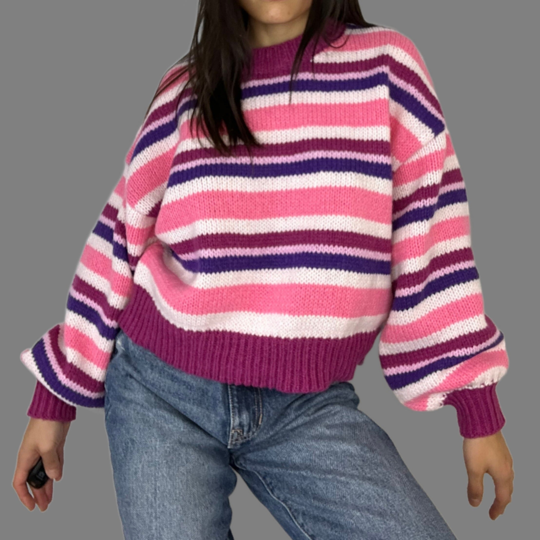 Pink Multicolor Striped Sweater - Alletse