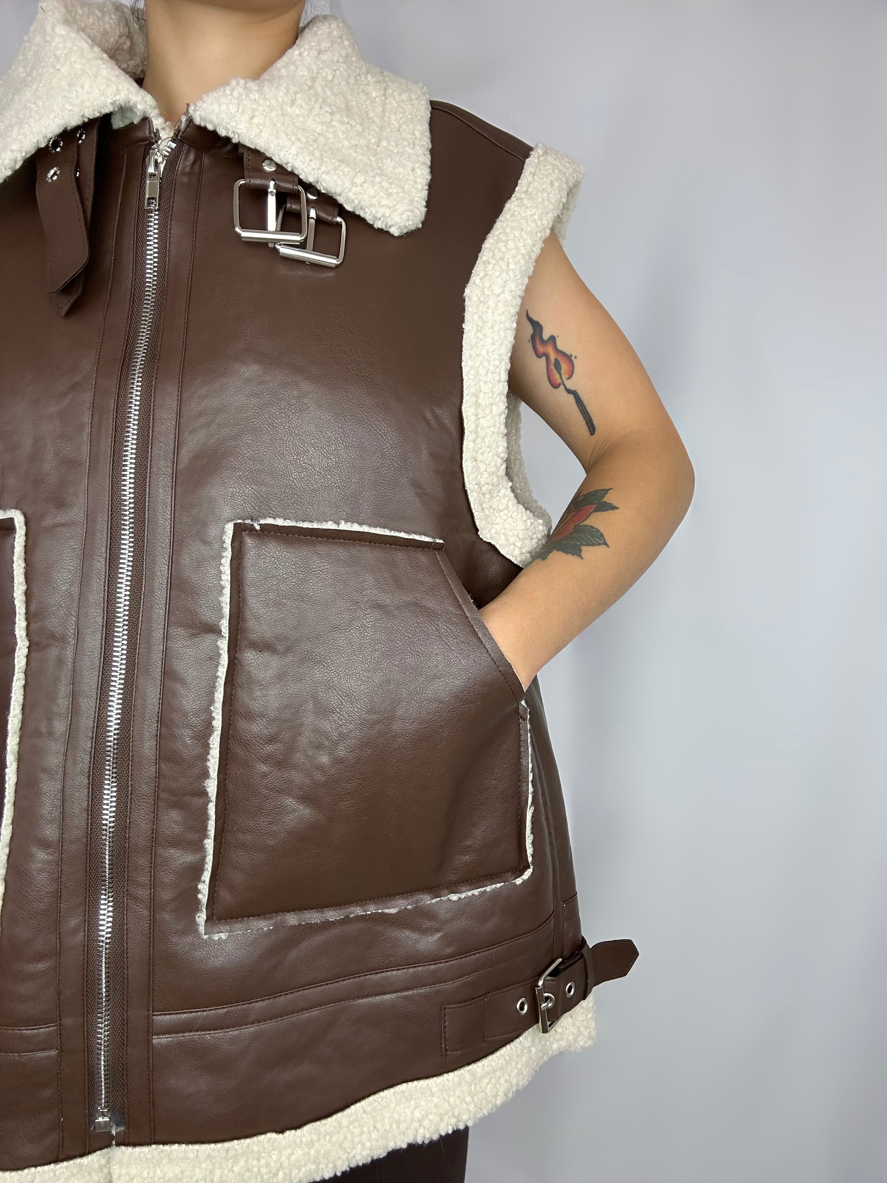 Vegan Leather Shearling Moto Vest - Alletse