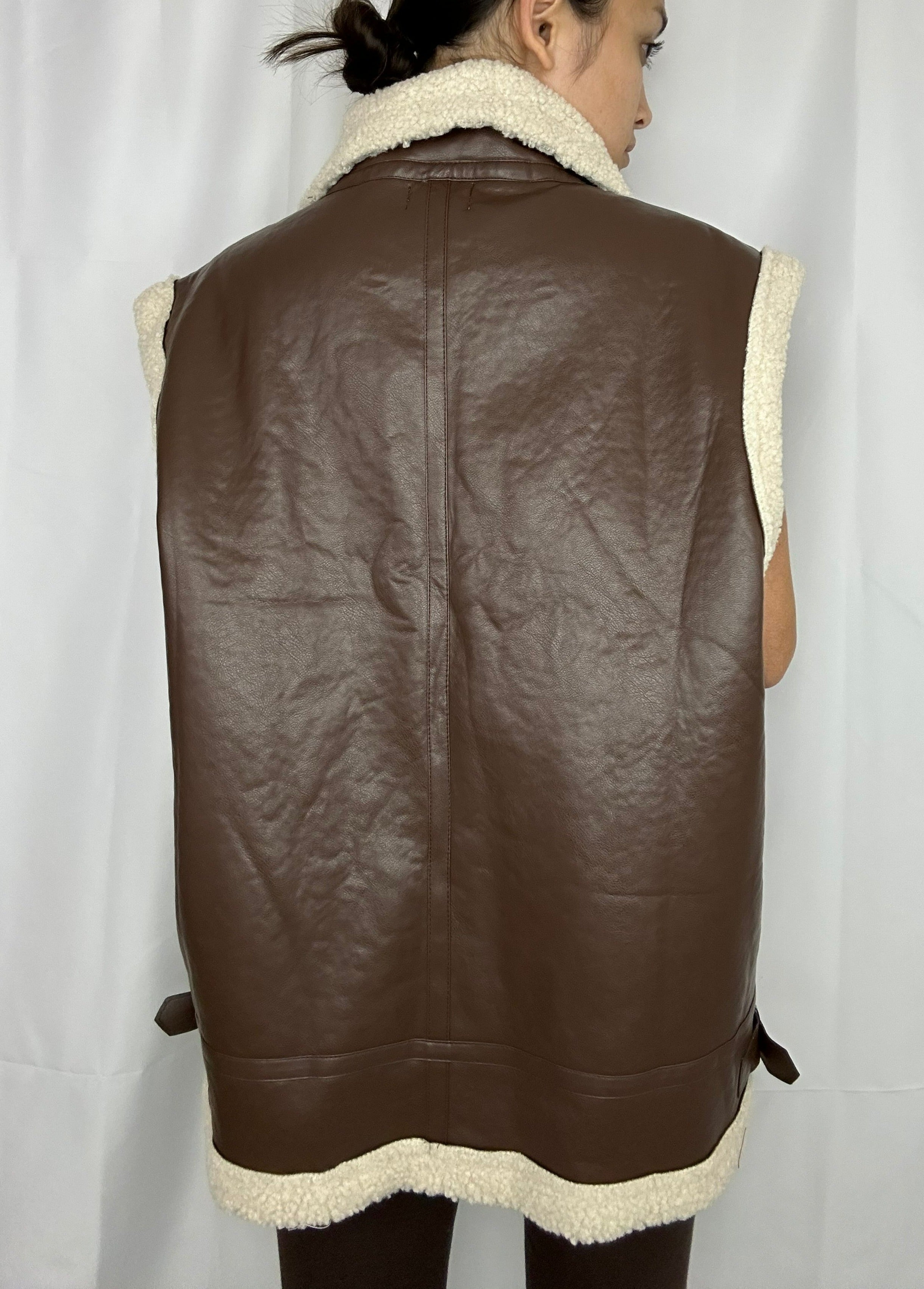 Vegan Leather Shearling Moto Vest - Alletse