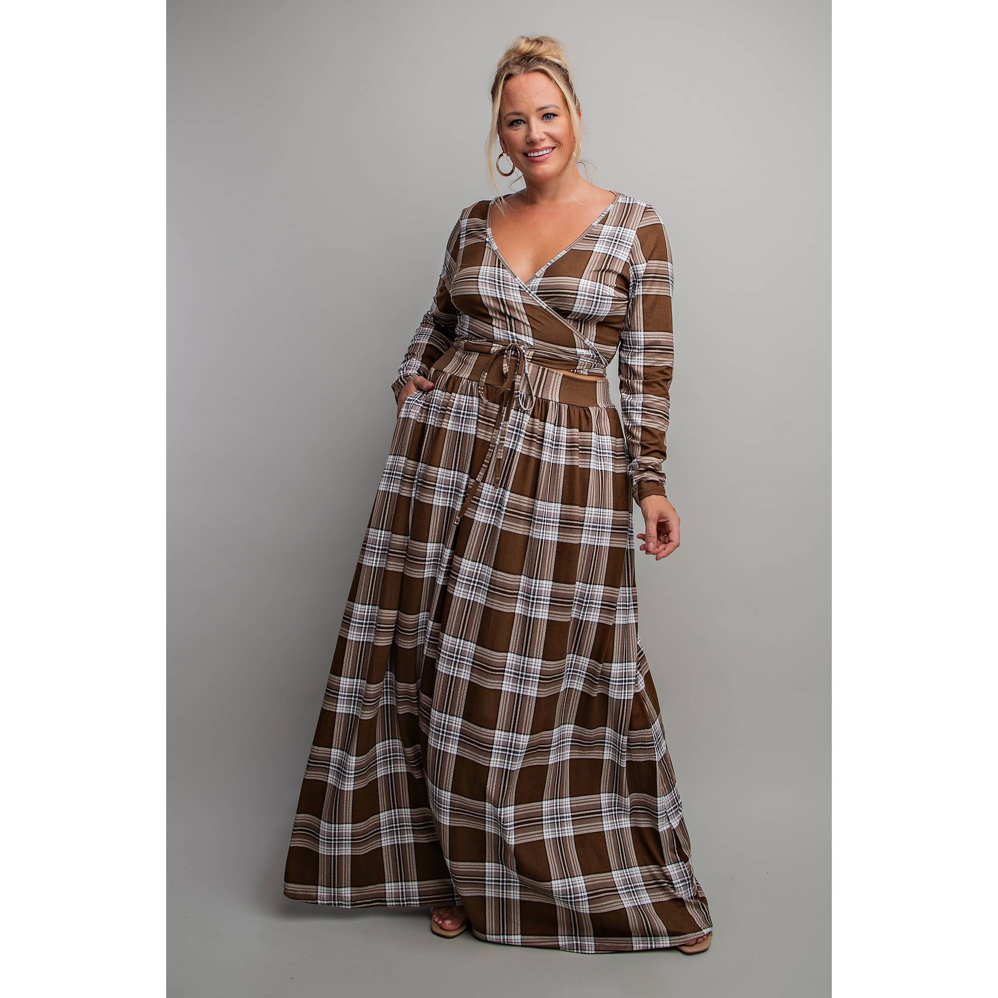 Long Sleeve Surplice Wrap Top & Maxi Skirt Set - Plus Size - Alletse