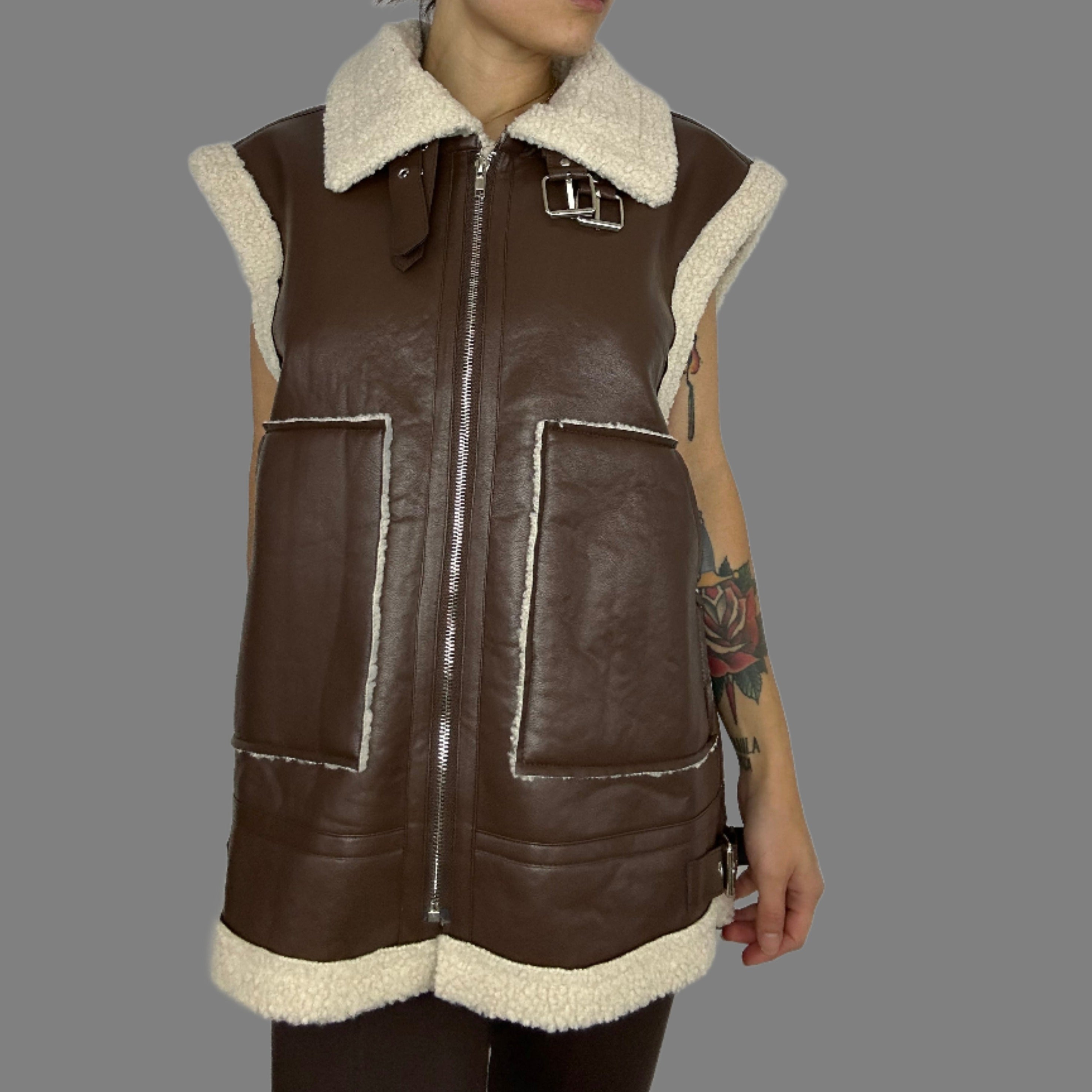 Vegan Leather Shearling Moto Vest - Alletse