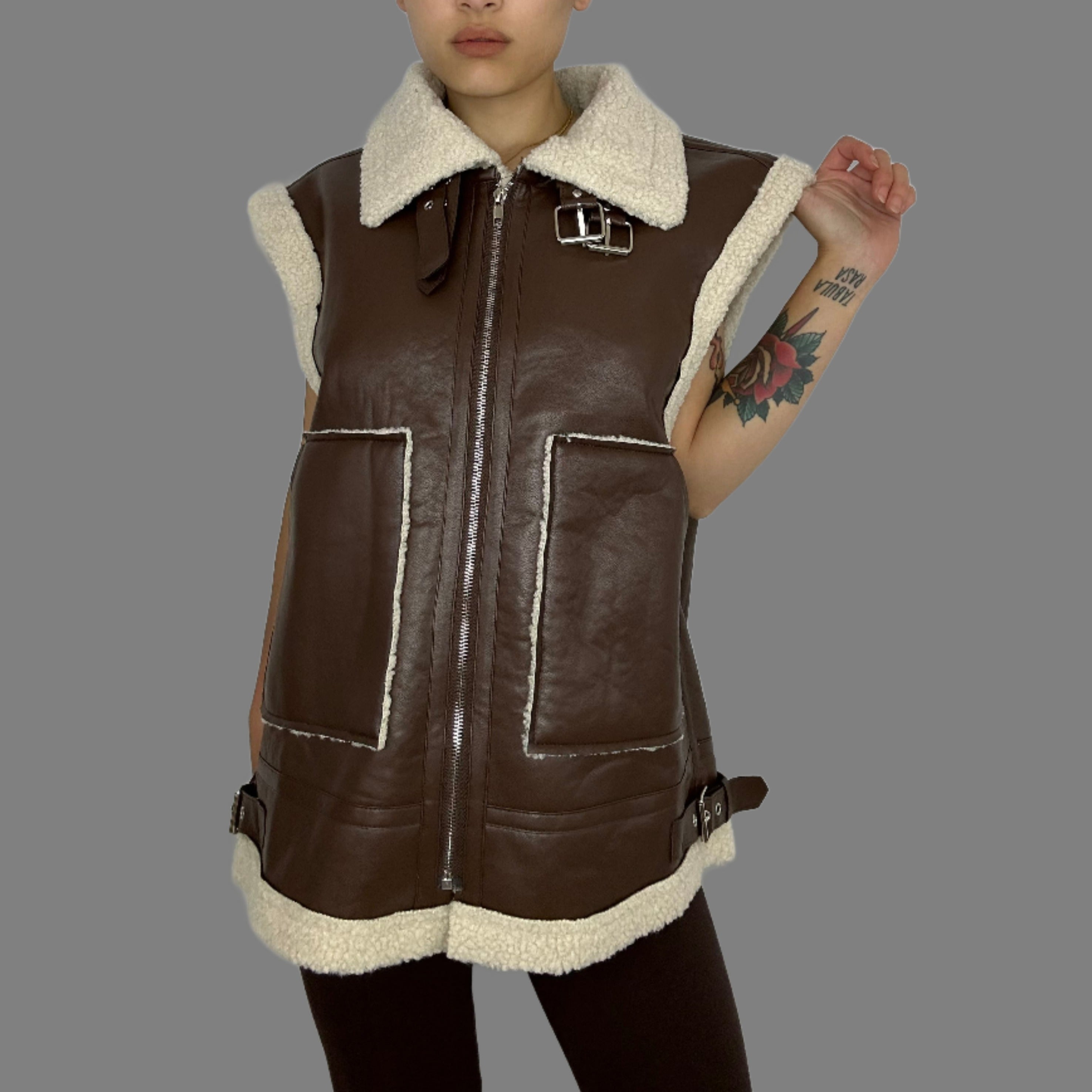 Vegan Leather Shearling Moto Vest - Alletse