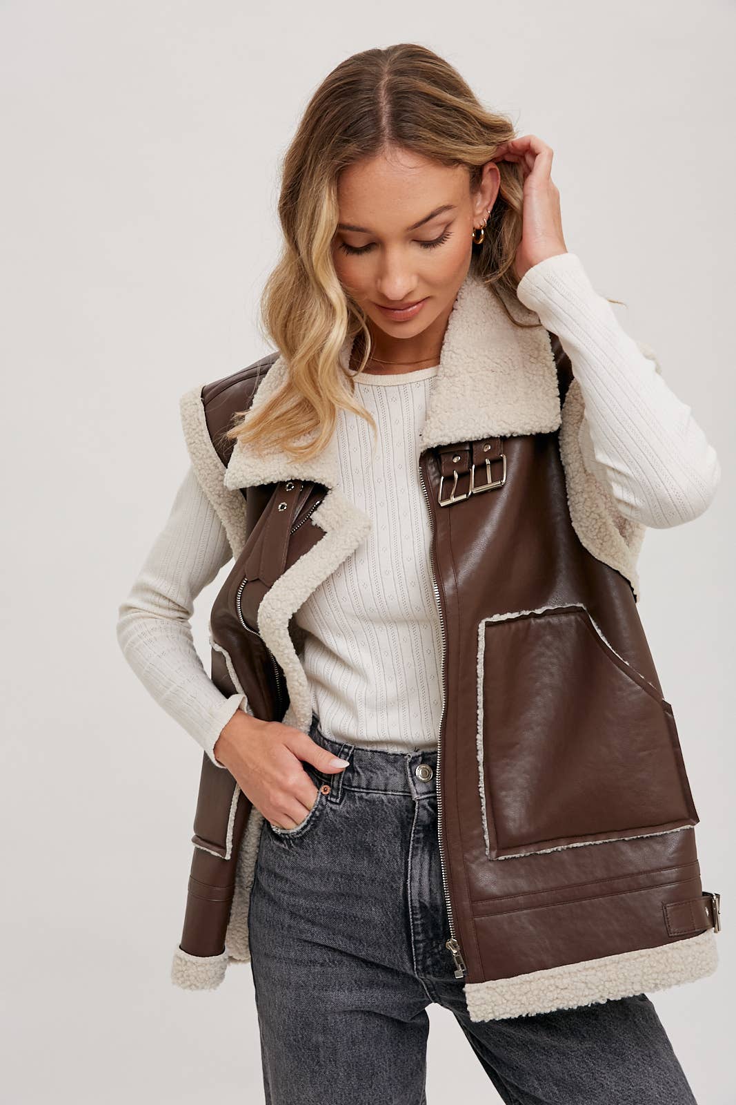 Vegan Leather Shearling Moto Vest - Alletse