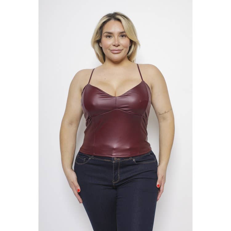 Faux Leather V-Neck Tank Top - Plus Size - Alletse