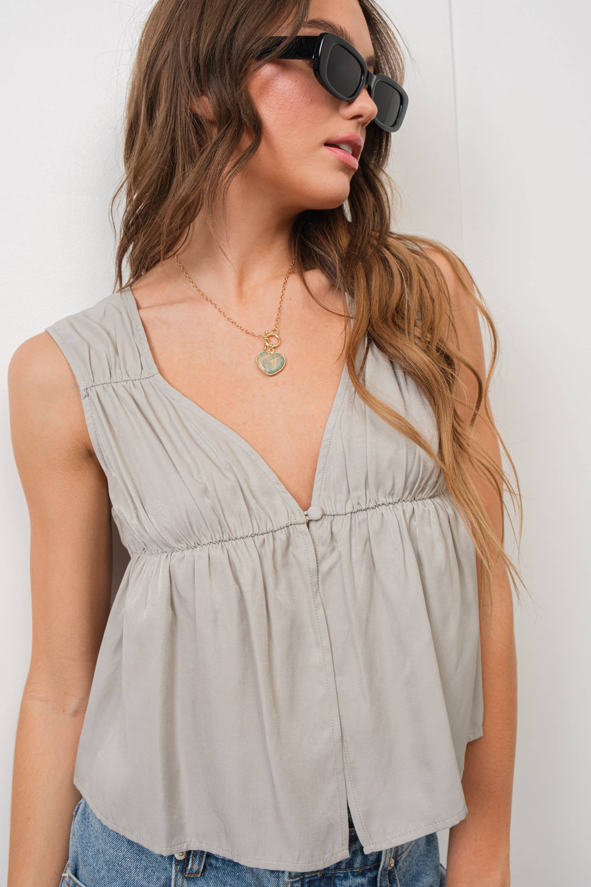 Semi-Cropped Ruched Sleeveless Blouse - Alletse