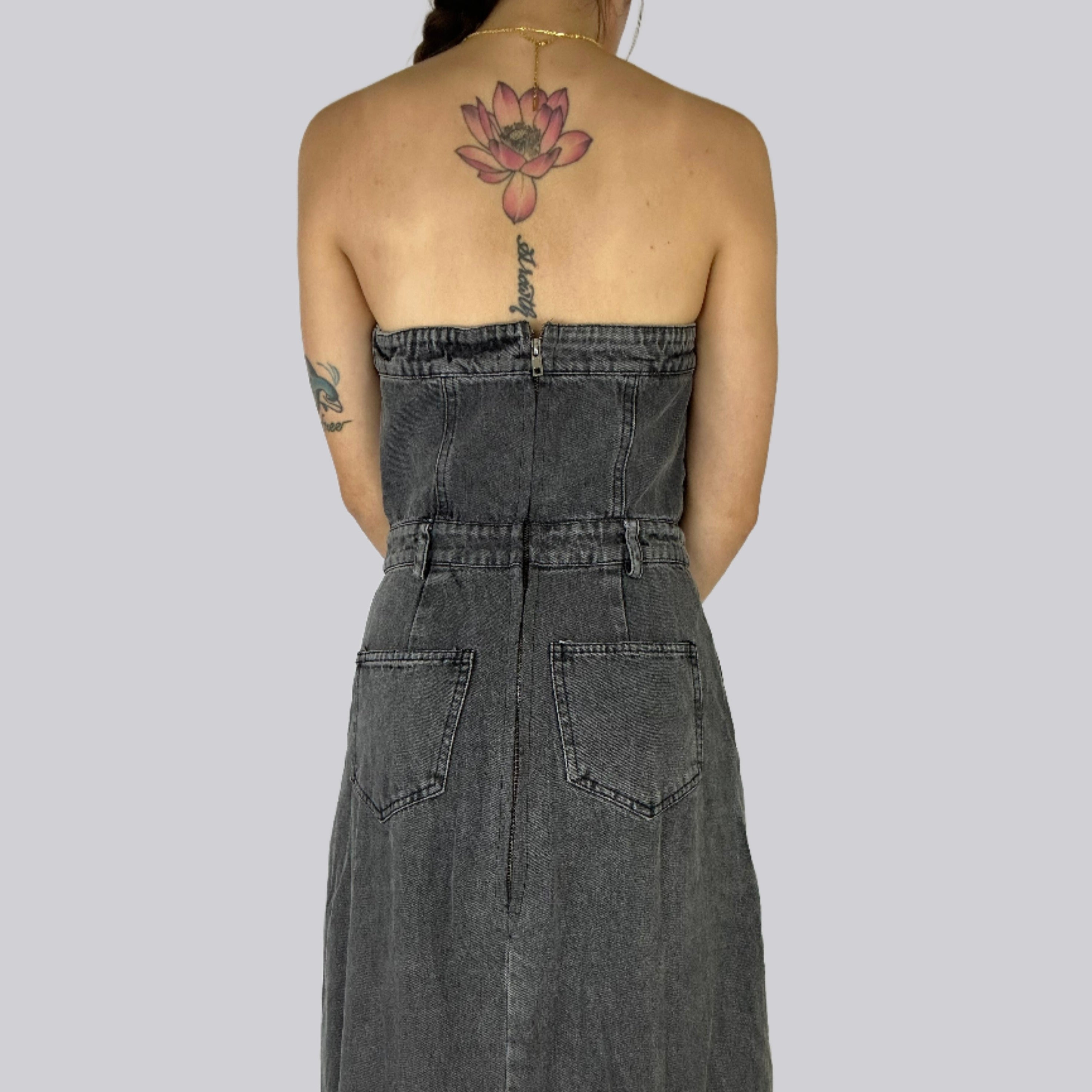 Front Slit Denim Maxi Dress - Alletse