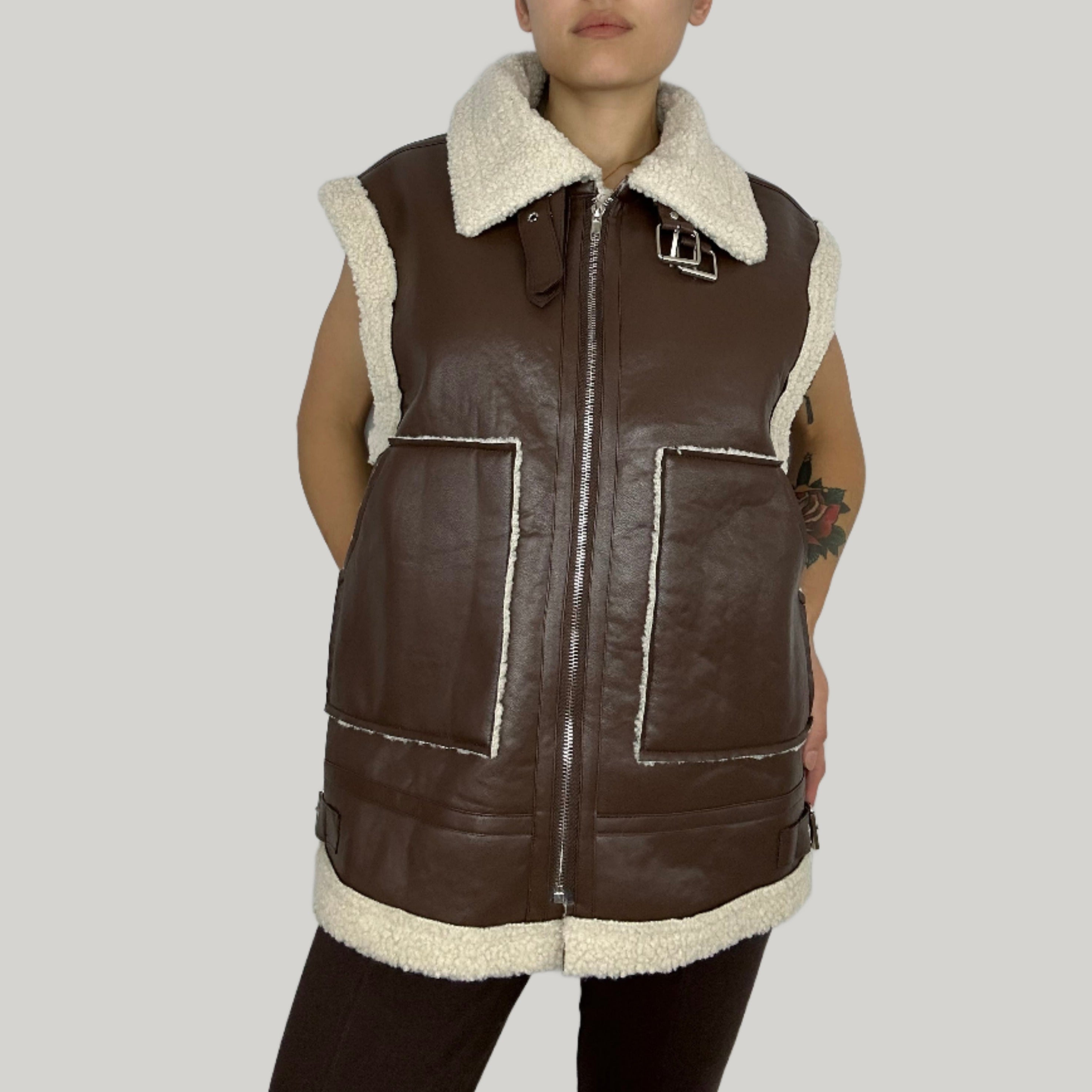 Vegan Leather Shearling Moto Vest - Alletse