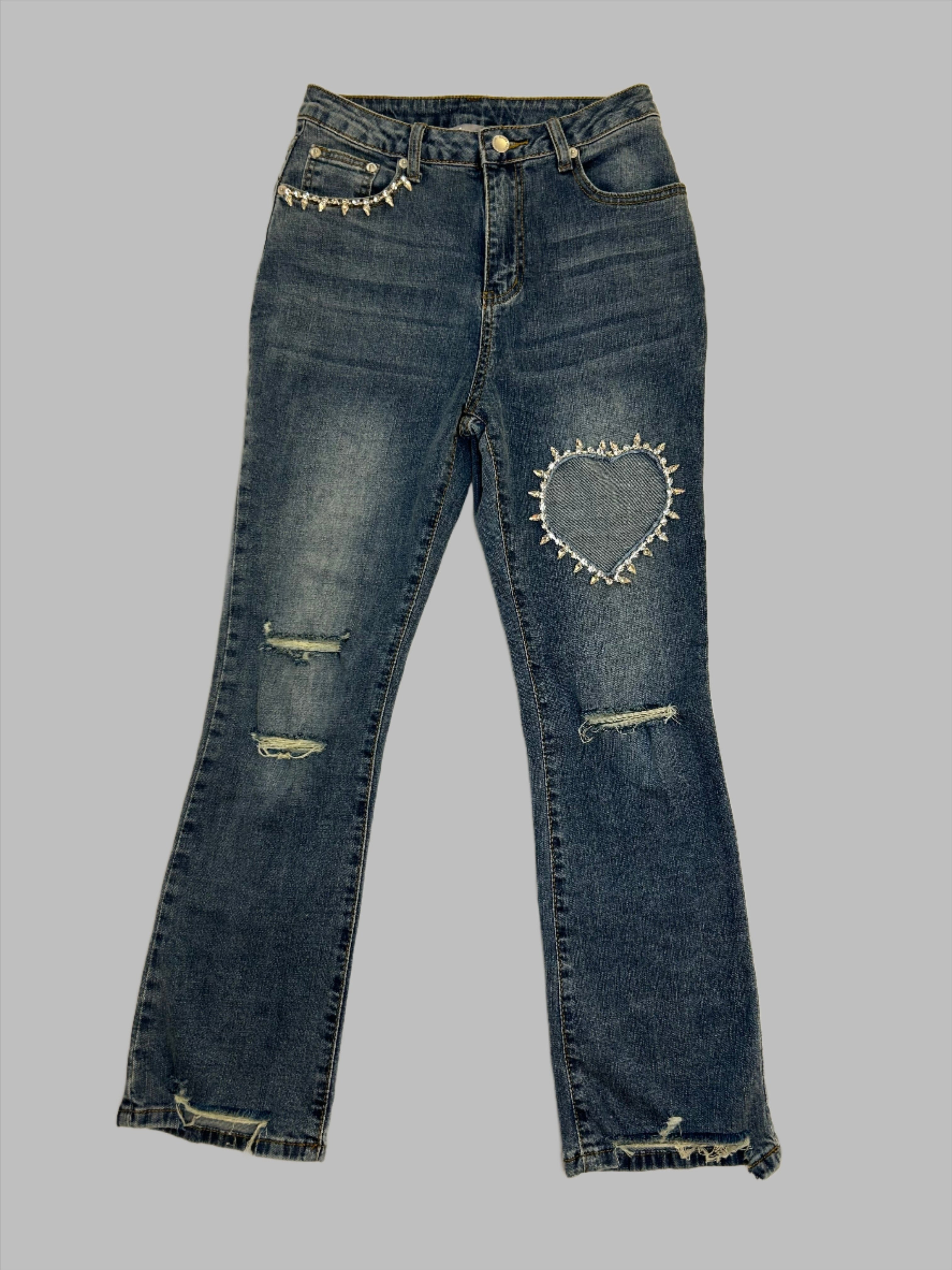 Embellished Heart Ankle Jeans - Alletse