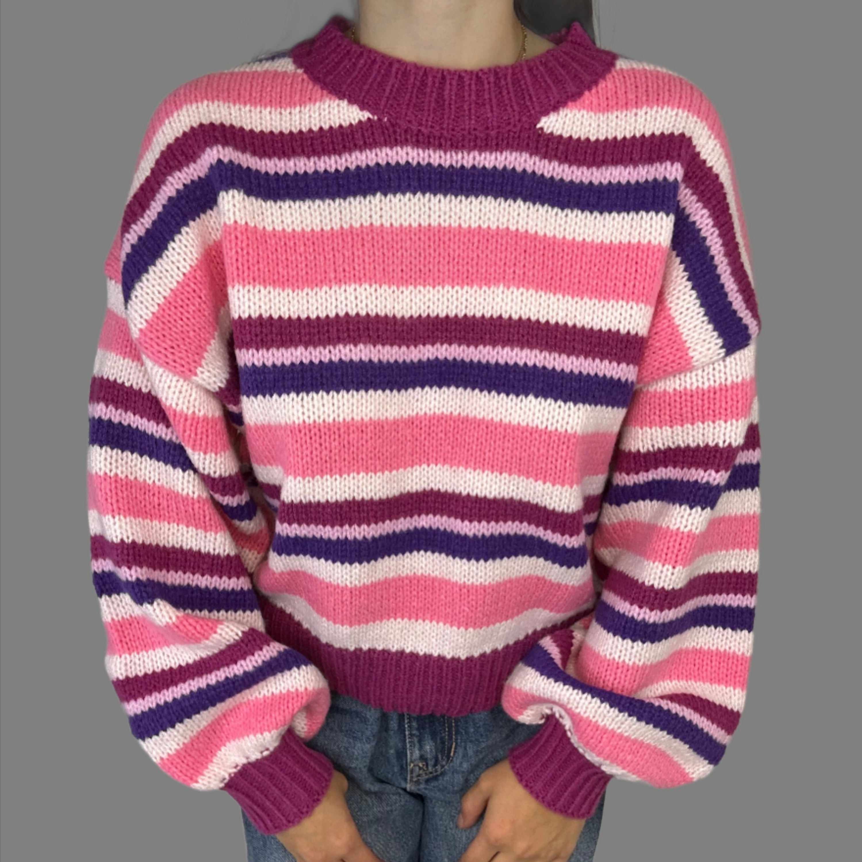 Pink Multicolor Striped Sweater - Alletse