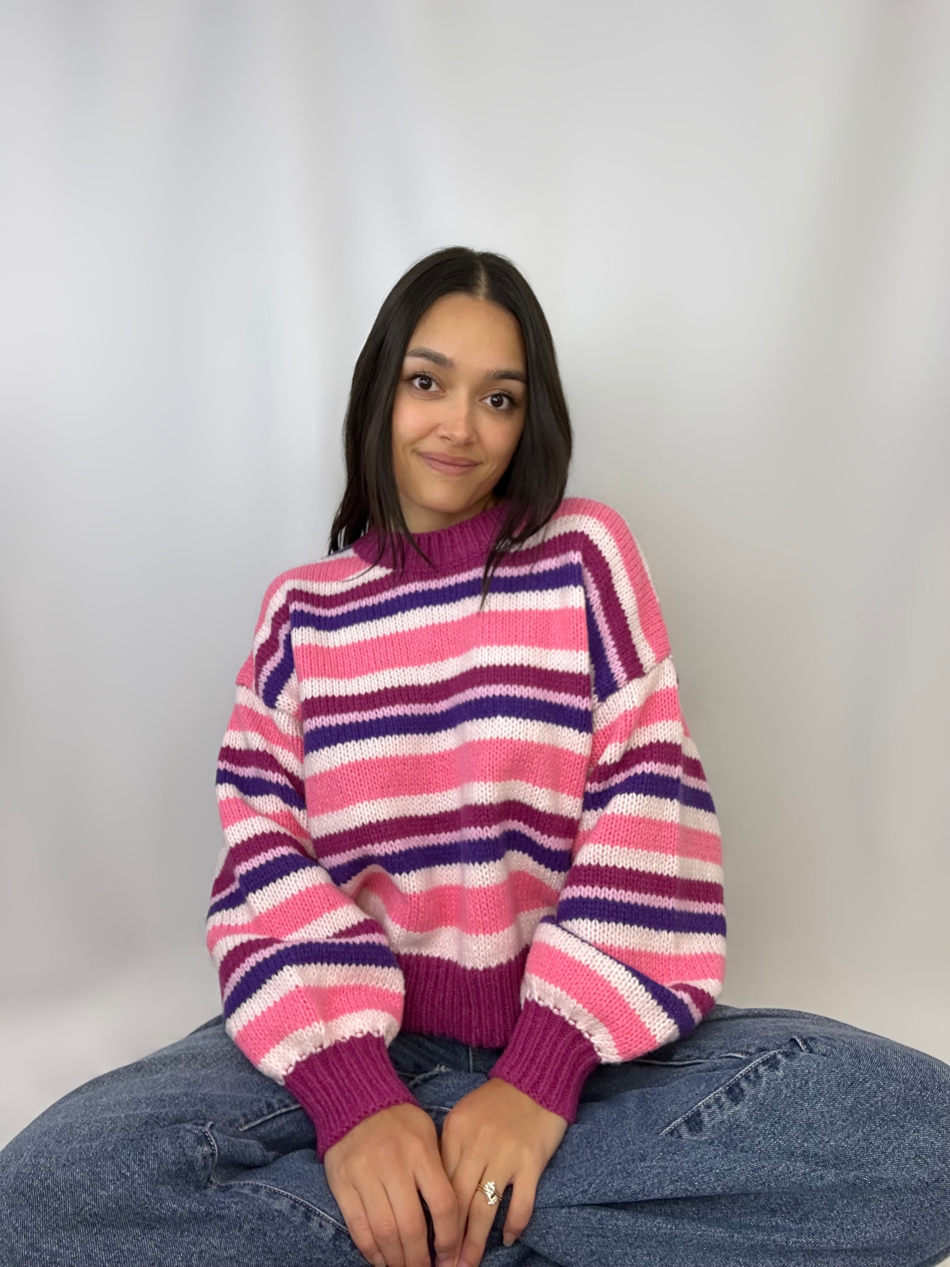 Pink Multicolor Striped Sweater - Alletse