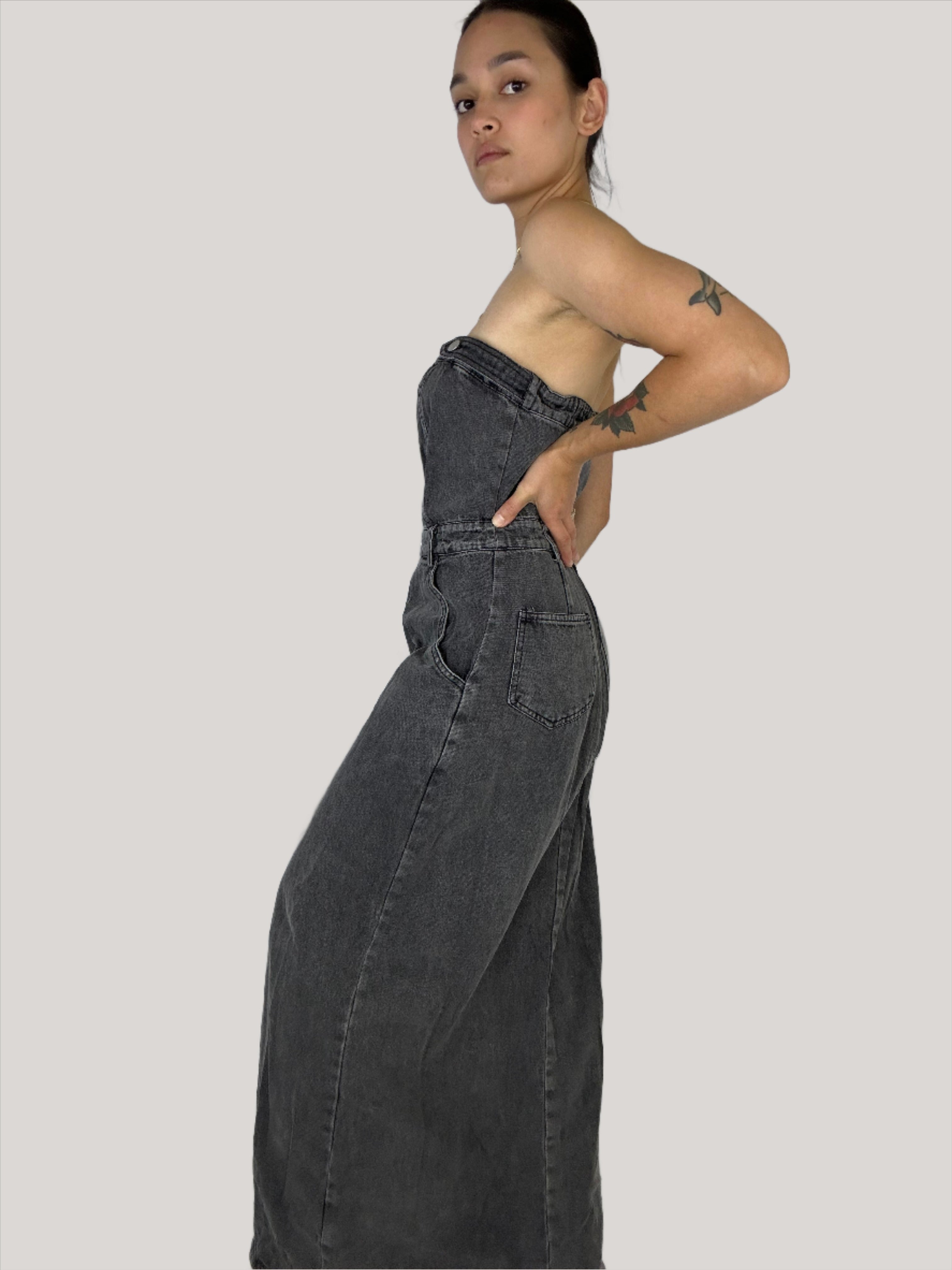 Front Slit Denim Maxi Dress - Alletse