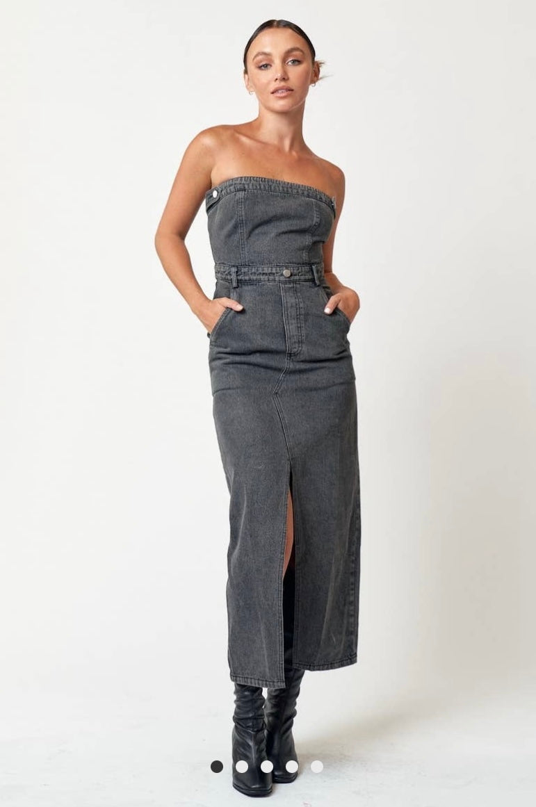 Front Slit Denim Maxi Dress - Alletse