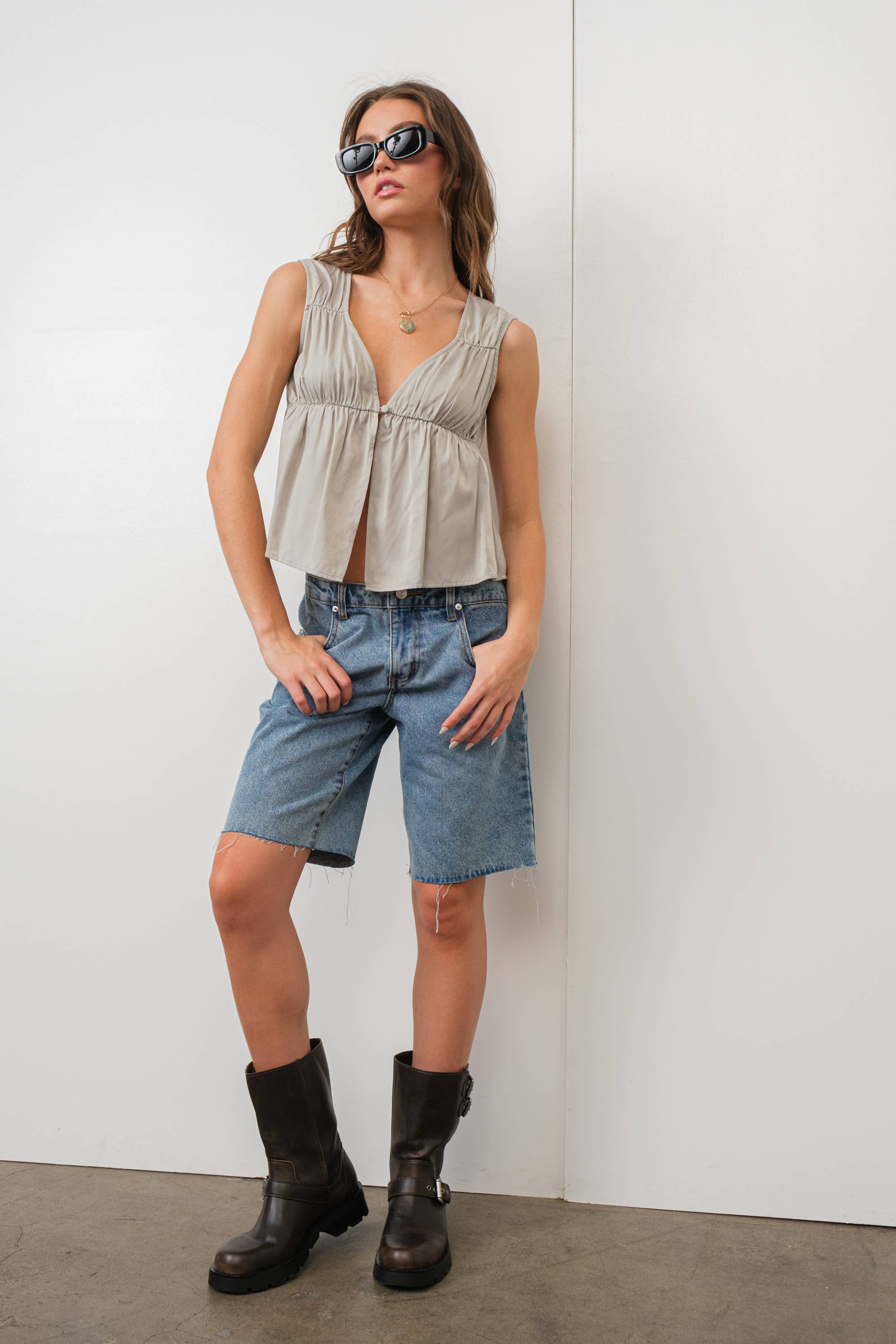 Semi-Cropped Ruched Sleeveless Blouse - Alletse