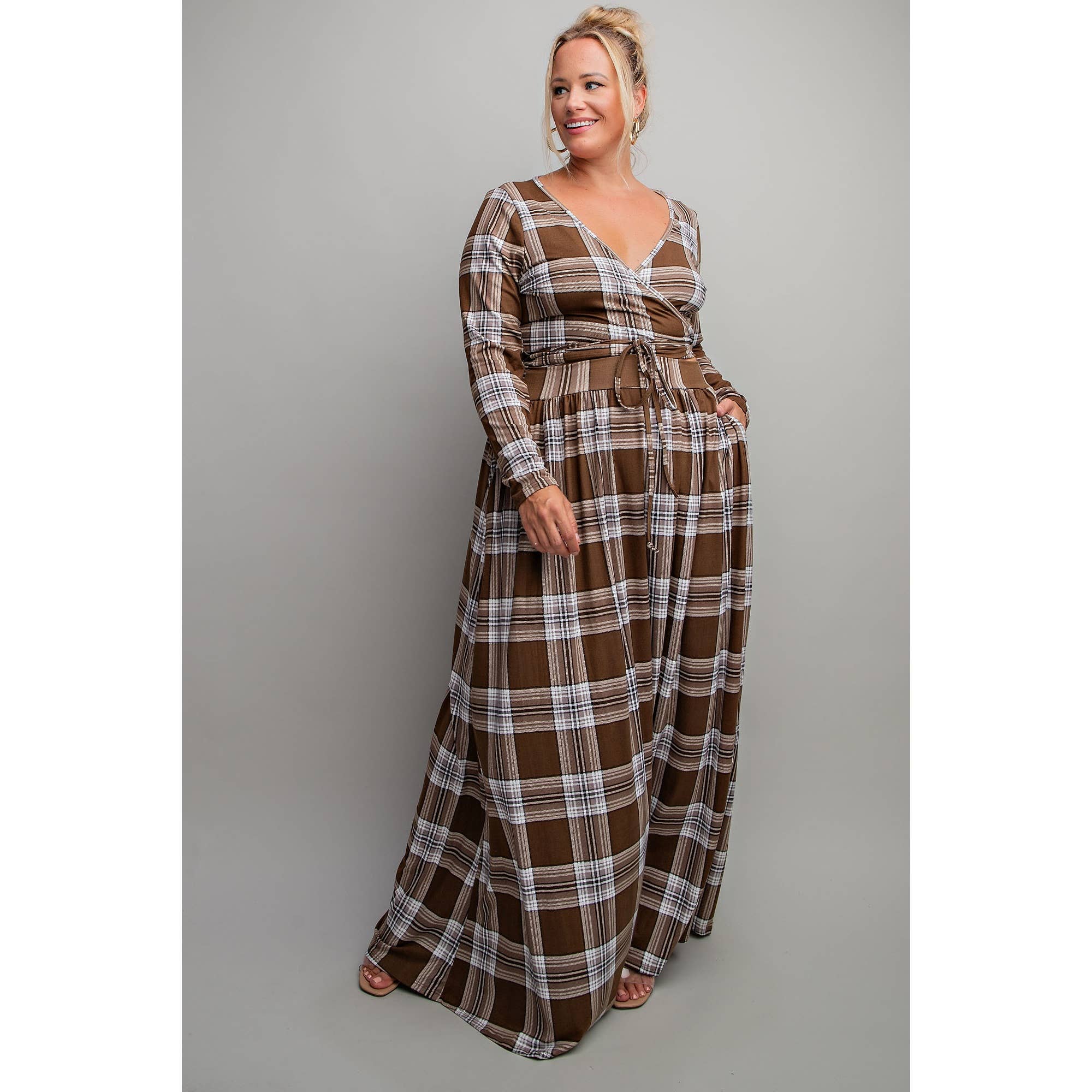 Long Sleeve Surplice Wrap Top & Maxi Skirt Set - Plus Size - Alletse